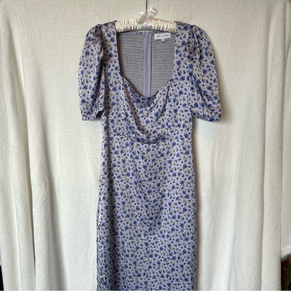 Lost + Wander blue purple floral puff sleeve midi dress medium